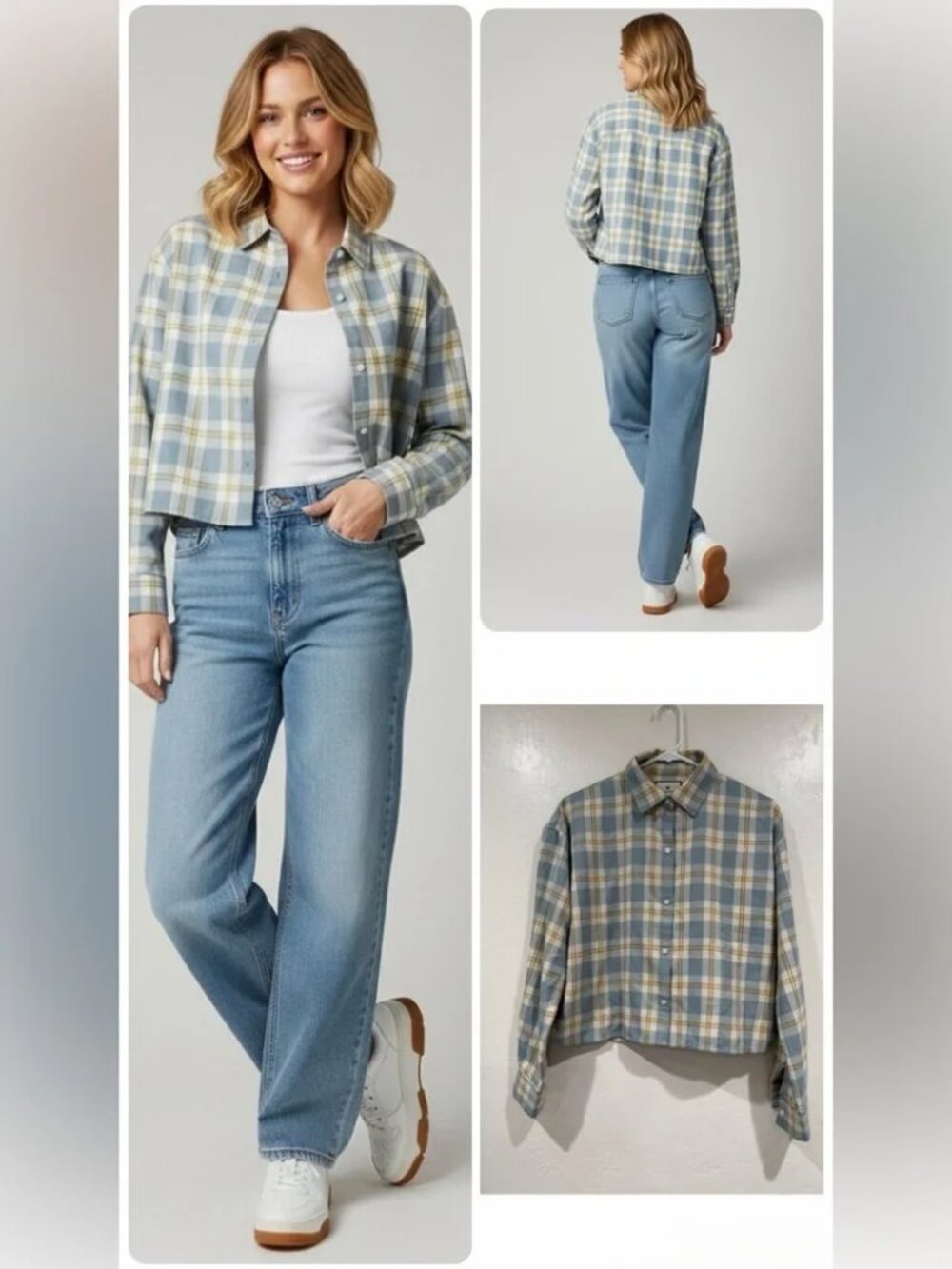 Tuckernuck Cropped Flannel Long Sleeve Shirt Buttons Blue/Yellow Sz Medium